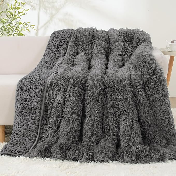 Uttermara Shaggy Faux Fur Weighted Blanket Queen Size, 12 lbs Long Fur Sherpa Soft Fluffy Bed Blanket for Adults, Ultra Cozy Warm Sherpa Throw Full/Queen Size Sofa Bed Blanket, 48 x 72inches, Grey
