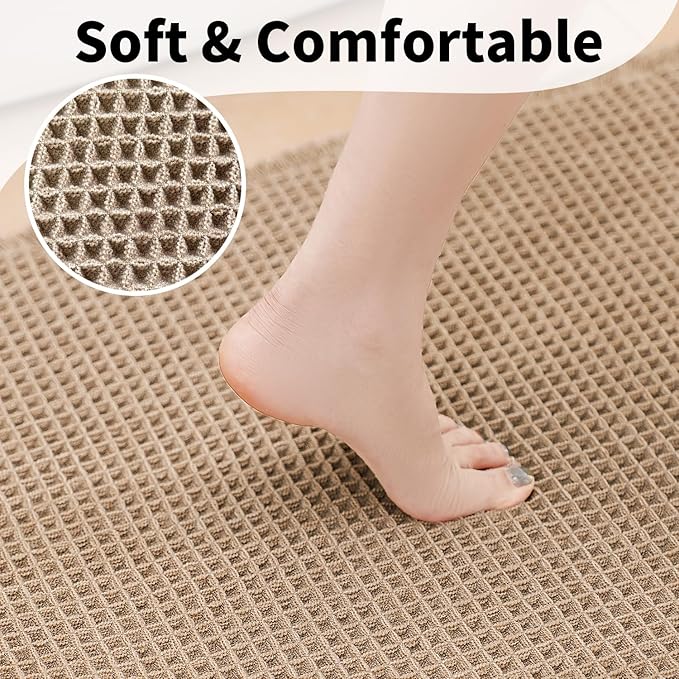 Waffle Runner Bath Mat - Long Boho Bathroom Rugs Non Slip Washable, Super Absorbent & Quick Dry, Soft Bath Mat Farmhouse Bathroom Decor, 24'' x 60'', Khaki