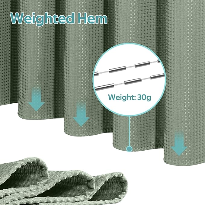 3 in 1 Shower Curtain Set, Waffle Shower Curtain and Liner Set with 6 Double Sided Shower Curtain Hooks, 258GSM Luxury Weighted Cloth Shower Curtains for Bathroom, 36 W x 72 H, Sage Green