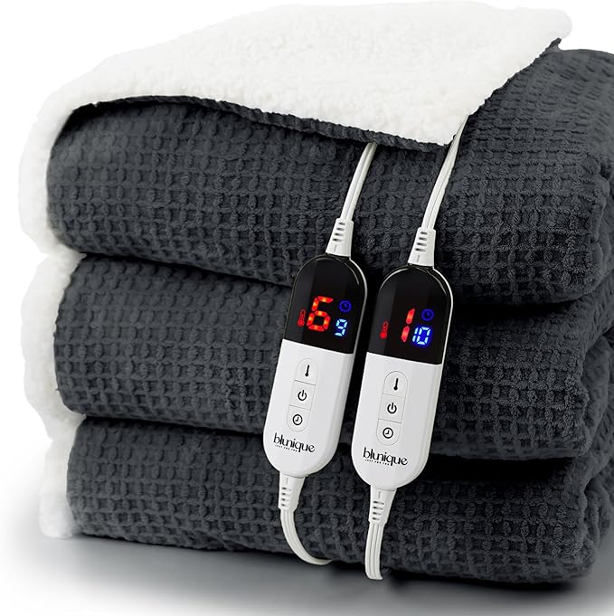 Heated Blanket Electric Blanket King Waffle, 90x100 Inches Dual Controllers Sherpa Fleece Fast Heating Blanket 6 Heating Levels & 10 Hours Auto Off ETL Certification,Charcoal Grey King