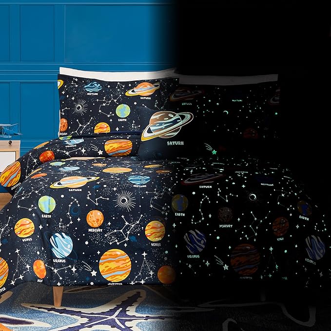 Twin Comforter Set for Boys-3 Pieces Space Glow in The Dark Twin Bedding Sets for Kids,1 Comforter,1 Sham and 1 Decor Pillow