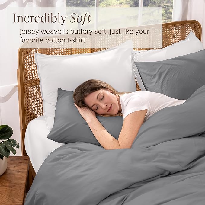 Bare Home 100% Organic Cotton Jersey Duvet Cover Set - Full/Queen Size - Ultra Soft - 100% Cotton - 3pcs - Corner Ties - Button Closure - Envelope Pillowcases (Full/Queen, Grey)