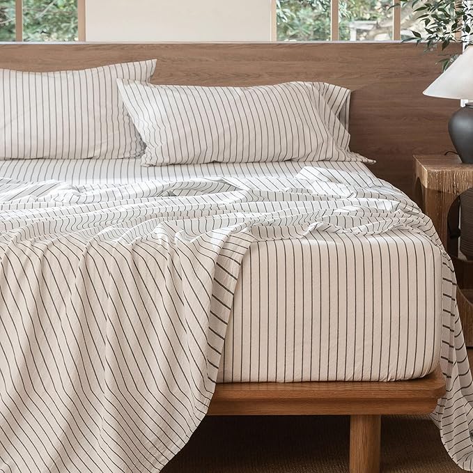 MooMee Striped Sheet Set 100% Washed Cotton Linen Like Textured Breathable Durable Soft Comfy (White Dark Grey Wide Stripes, Queen)