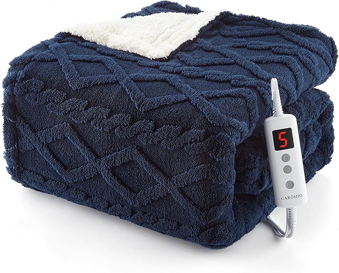 CAROMIO Heated Throw Blanket - Thick Tufted Sherpa Electric Blanket Throw with 10 Heating Levels and 10 Time Settings, ETL Certified Machine Washable Fast Heating Blanket Throw 50"×60", Navy Blue
