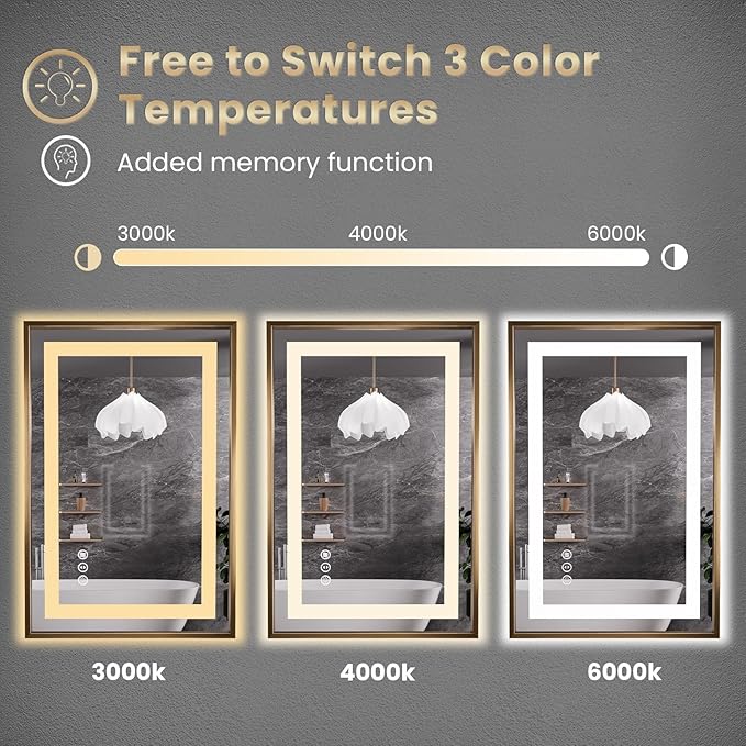 Amorho 44"X36" LED Bathroom Mirror, Golden Metal Framed Mirror with Front Light and Backlit, Stepless Dimmable, Anti-Fog, Shatter-Proof, Memory, 3 Colors