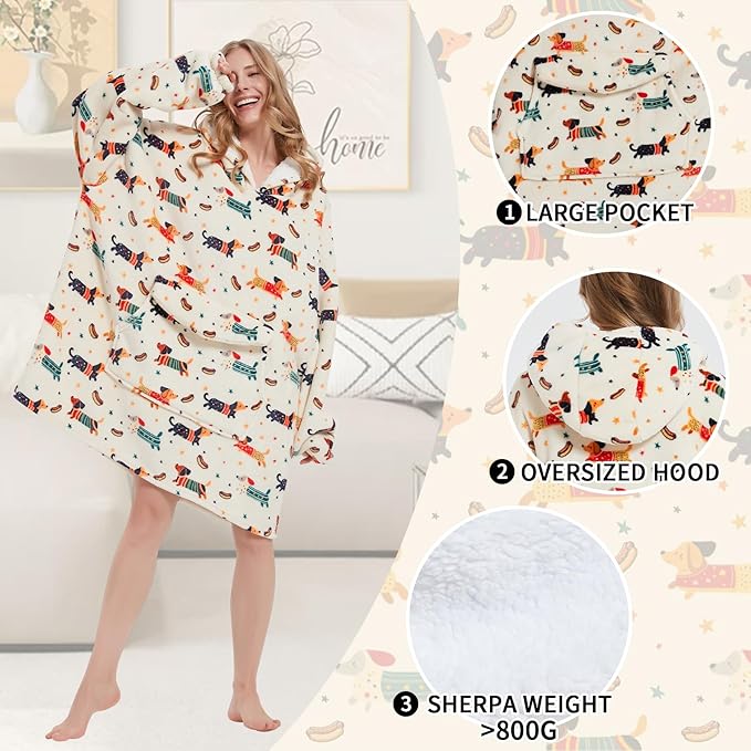 Wearable Blanket Hoodie for Adult,Oversized Sherpa Fleece Blanket Hoodie for Women Men,Dachshund