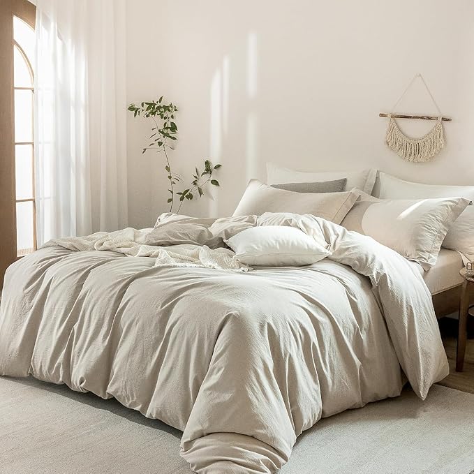 Linen Grey Duvet Cover Oversize Queen Size 98inch x 98inch,100% Washed Cotton Duvet Cover with Zipper Closure and One Pillowcases, Color of New Nature Linen