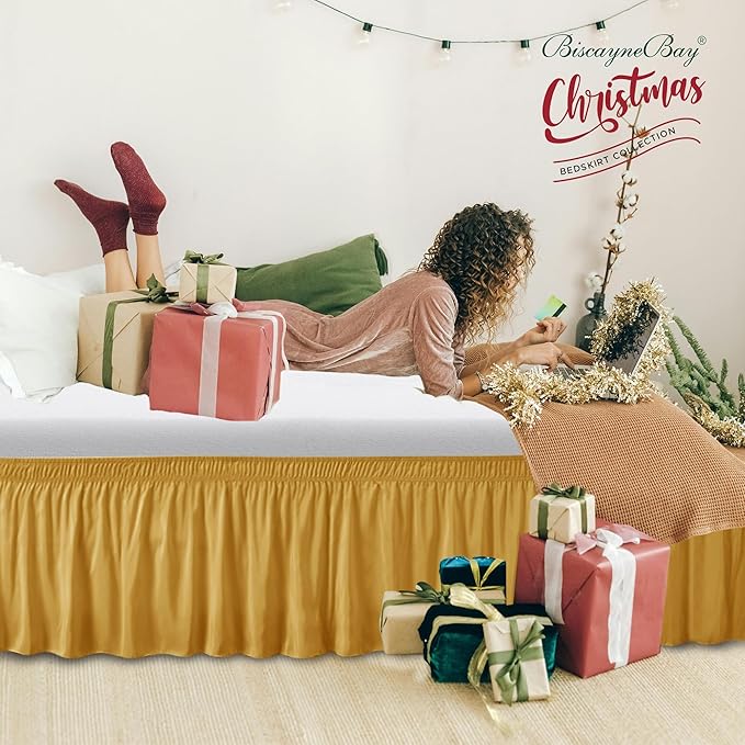 Biscaynebay Wrap Around Bed Skirts for Full & Full XL Beds 15" Drop, Christmas Gold Adjustable Elastic Dust Ruffles Easy Fit Wrinkle & Fade Resistant Silky Luxurious Fabric Machine Washable
