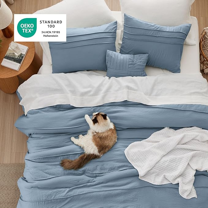 Bedsure Full Comforter Set - 4 Pieces Pinch Pleat Bed Set, Light Blue Boho Bedding for All Season, 1 Soft Comforter, 2 Pillowcases, 1 Decorative Pillow
