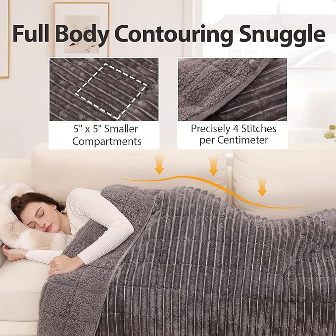 Sherpa Fleece Weighted Blanket with 3D Ribbed Stripes, 15 lbs Soft Flannel Heavy Throw Blanket for Couch Full Size Bed, Heavy Thick Blankets with Ceramic Beads, Great for Deep Sleep, 60" x 80"