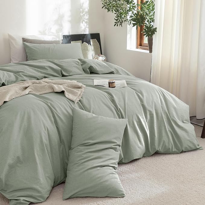 FOSSA Duvet Cover Set 100% Washed Cotton Linen Feel Super Soft Breathable Cozy Simple Style 3 Pieces Bedding Sets Solid Sage Green Super King Plus