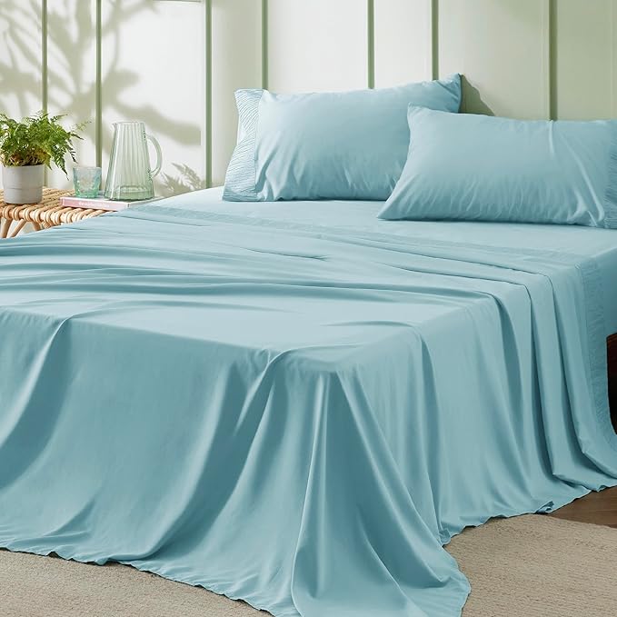 Bedsure King Size Sheets Set - 4 Pieces Soft King Sheets - Breathable & Cooling - Hotel Luxury - Easy Care Polyester Microfiber Bedding for Women, Men, Spa Blue
