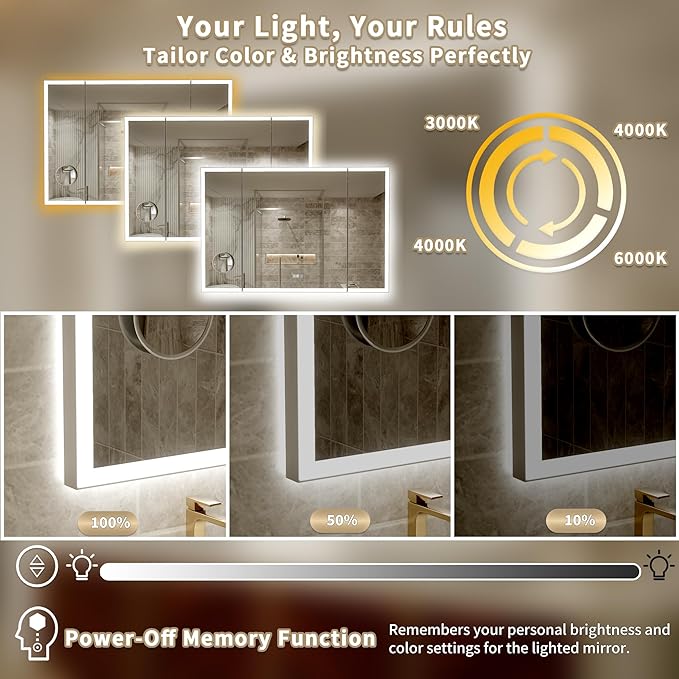 54x36 Trifold Bathroom Mirror with Lights with Removable Magnifier, 180° Foldable LED Mirror for Bathroom, Front&Backlit, Wall Mounted, Stepless Dimming, Color Temper Change, Anti Fog