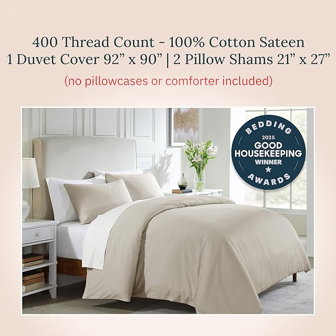 California Design Den 3 Pc 100% Cotton Duvet Cover Set Queen Size/Full Size - Winner Good Housekeeping Best Bedding Awards 2025, 400 Thread Count Sateen, Soft and Durable - Beige (Golden Tone)