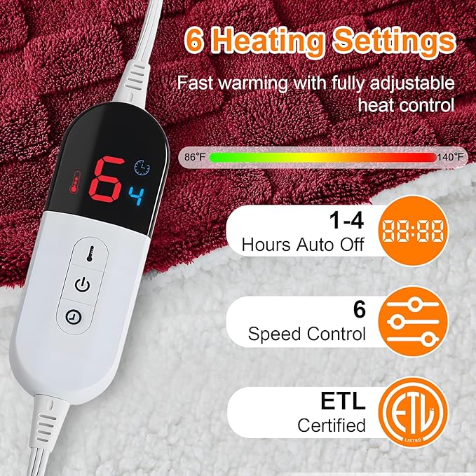 Electric Heated Throw Blanket - Jacquard Checkered Sherpa 50"x60" Fast Heating Bed Blankets with 6 Heating Levels & 4 Hours Auto Off, Over-Heat Protection ETL, Red
