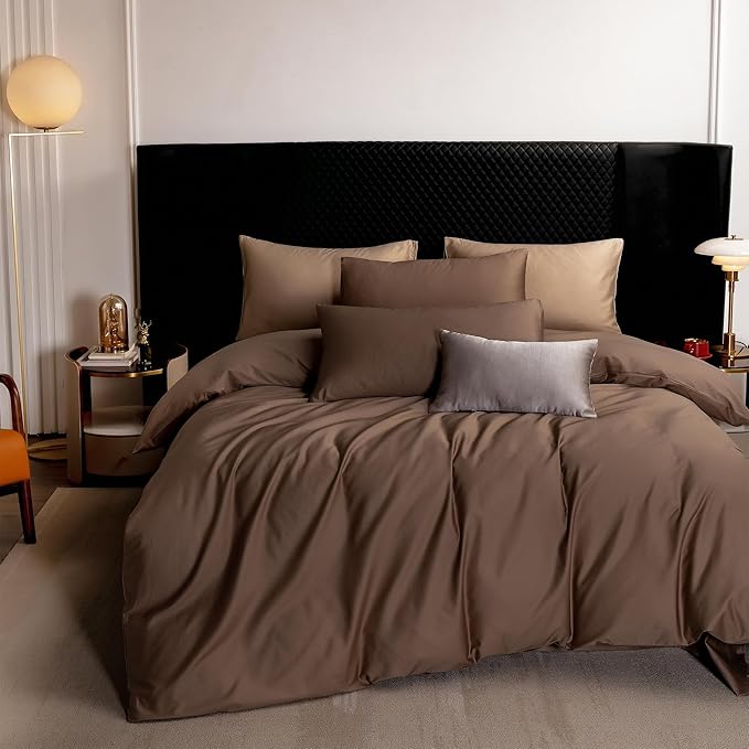 MooMee Duvet Cover Set 100% Extra Long Staple Cotton 600 Thread Count Silky Sateen Smooth Luxury Soft Breathable Durable Hotel Quality Bedding, 3 Pieces (Chocolate Brown, Super Queen 90"x98")