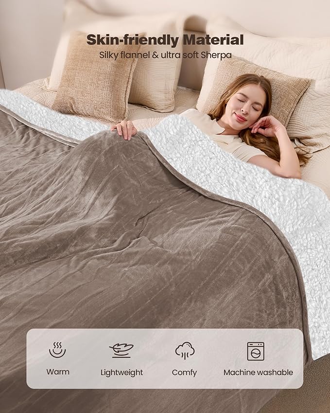 Heated Electric Blanket King- Super Soft Heating Blanket, Dual Control & 9 Heat Settings, 10 Hours Auto Off, Soft Flannel to Sherpa, Fast Heating Electric Throw, Machine Washable, 90" x 100''- Camel
