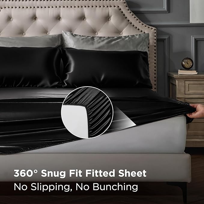 Bedsure Black Satin Sheets Full Size - 4 Piece Silky Bedsheets with 15 Inches Deep Pocket Fitted Bedsheet,1 Flat Sheet, 2 Satin Pillowcases, Good for Hair & Skin (Full, Black)