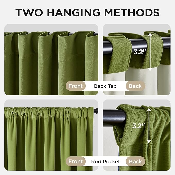 Joydeco Moss Green 100% Blackout Curtains 72 Inch 2 Panels, Luxury Thermal Green Velvet Curtains for Bedroom Living Room, Soundproof Blackout Window Drapes, Rod Pocket & Back Tab (52W x 72L)