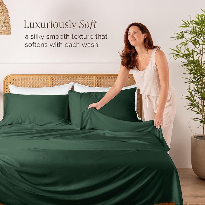 Bare Home 100% Rayon Made from Bamboo Queen Sheet Set - 4 Piece Bedding Set - Deep Pockets - Breathable - Easy Fit - Bedding Sheets & Pillowcases (Queen, Forest Green)
