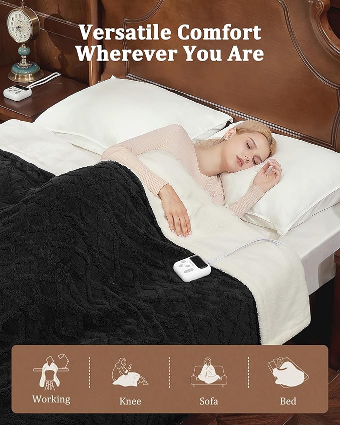 CAROMIO Electric Blanket King Size Dual Control - Thick Tufted Sherpa Heated Blanket King with 10 Heating Levels and 10 Time Settings, ETL Certified Fast Heating Blanket King Size 90"×100", Black