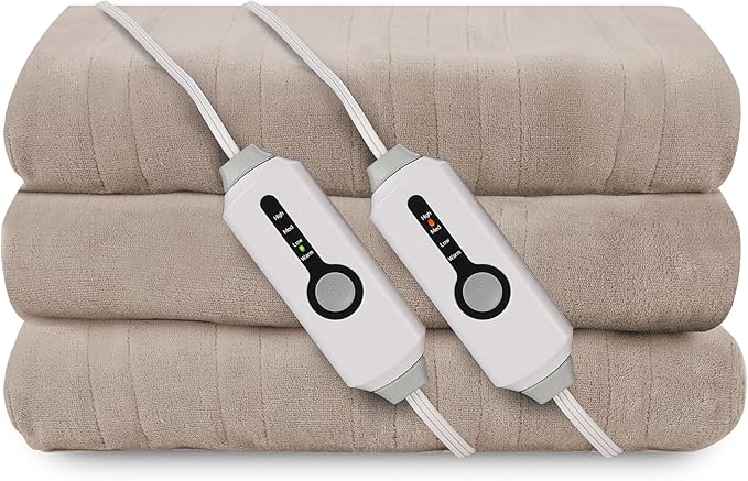 Electric Heated Blanket 84"x90" Queen Size, Soft Coral Fleece, Dual Controllers with 4 Heating Levels and 10 Hours Auto-Off, Machine Washable, Cozy Plush Fabric for Home, Light Brown