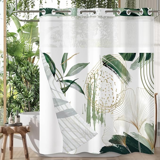 Boho Shower Curtain No Hooks with Snap in Fabric Liner Set,Modern Boho Shower Curtains Hotel Bathroom Decor,with See Through Top Window,Green Botanical Sage Fabric Waterproof Shower Curtain,71W x 74H