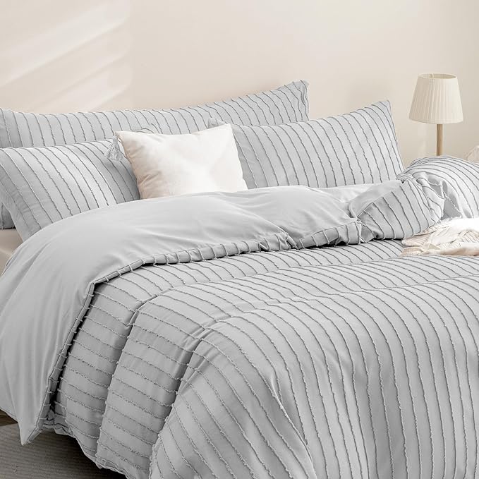 JELLYMONI Duvet Cover Twin Size Light Grey - 3PCS Boho Striped Duvet Cover Set Polyester Tufted Bohemian Textured Comforter Cover 68×90in with Corner Ties & Zipper and 2 Pillowcases
