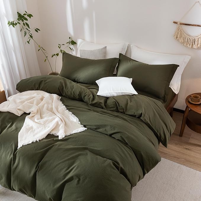 Linen Feel Duvet Cover Super King Size 108inch x 98inch,100% Washed Cotton Duvet Cover with Zipper Closure and 2 Pillowcases, Color of Olive Green