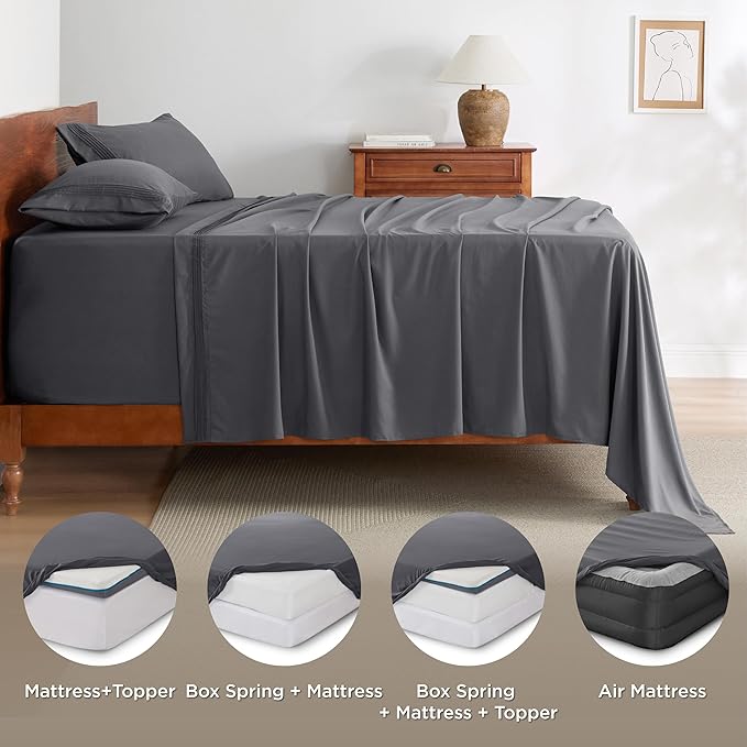 Bedsure Twin XL Sheets Dorm Bedding, GentleSoft Breathable Extra Long Twin Sheets & Pillowcases, Moisture Wicking Cooling, Deep Pocket Fits Mattress Up to 21 Inches Thick, Dark Grey