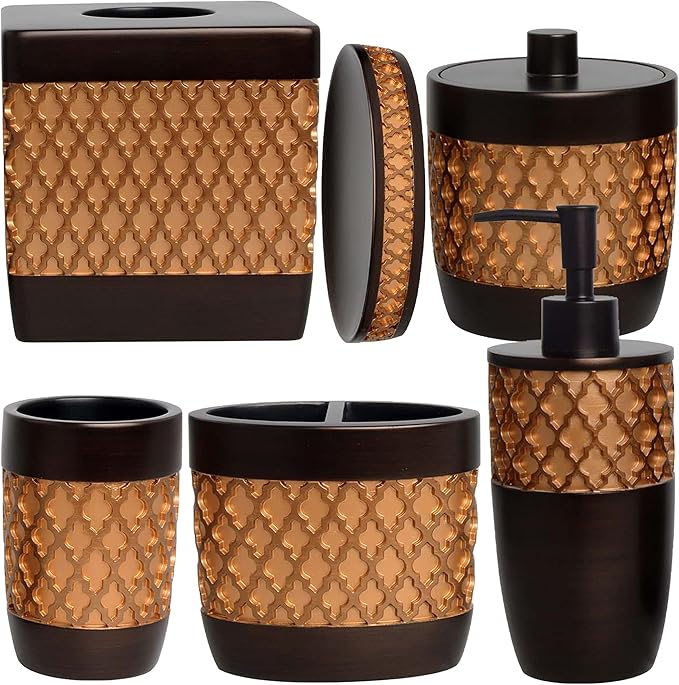 Decozen Bathroom Accessories Set 6Pcs – Soap Dispenser, Toothbrush Holder, Tumbler, Soap Dish & Cotton Swab Jar – Modern Bathroom Decor, Bath Set for Christmas Decor, Wally