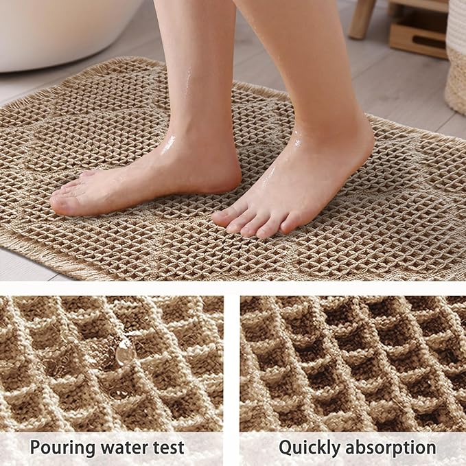 ZALL Tan Waffle Bath Mat,Super Absorbent Non Slip Bathroom Rug,Brown 24X72 inch, Geometric Diamond Machine Washable Ultra Soft Floor Mats