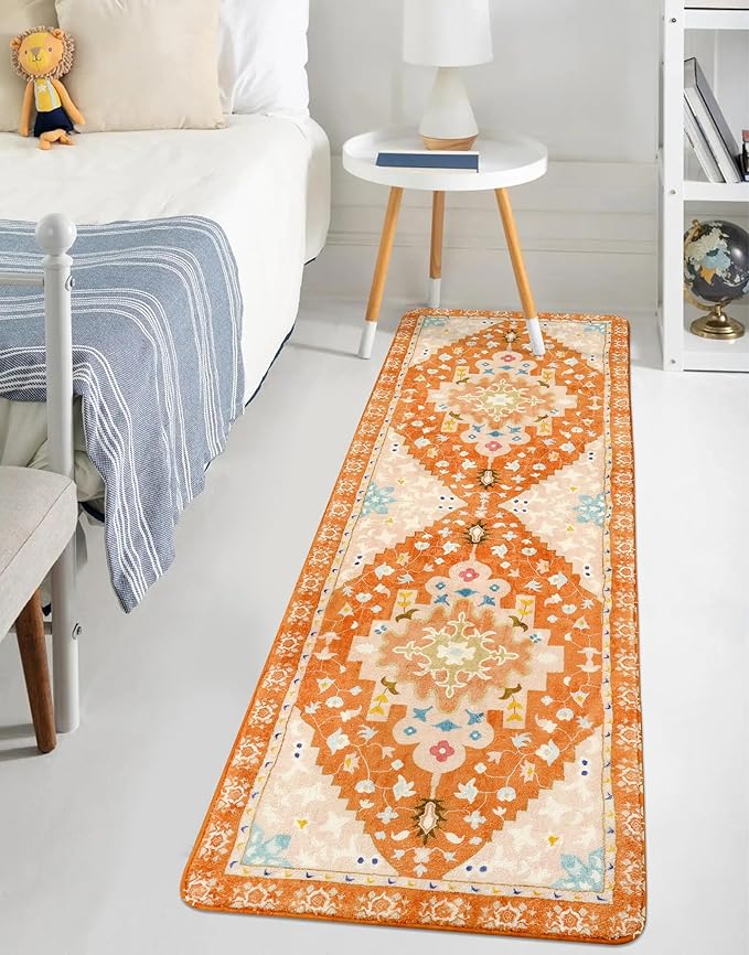 Uphome Boho Hallway Runner Rug Orange Non-Slip Soft Bathroom Rugs Oriental Machine Washable Runner Rug Rustic Tribal Floral Home Decor Carpet for Bedroom Kids Room Entryway, 24x71 inch