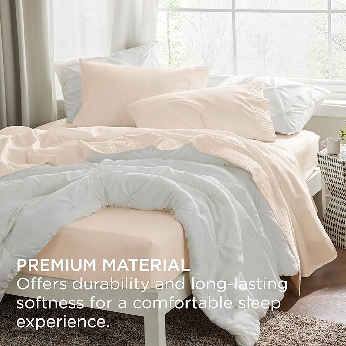Bedsure Queen Sheet Set - 4 Pieces Soft Queen Size Sheets - Breathable & Cooling - Hotel Luxury - Easy Care Polyester Microfiber Bedding for Women, Men, Light Beige