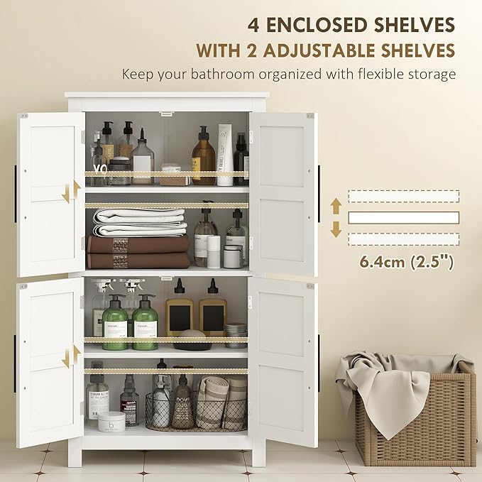 HOMCOM Farmhouse Bathroom Storage Cabinet with 4 Barn Doors, Bathroom Floor Cabinet with 2 Adjustable Shelf, Freestanding Storage Cupboard, White