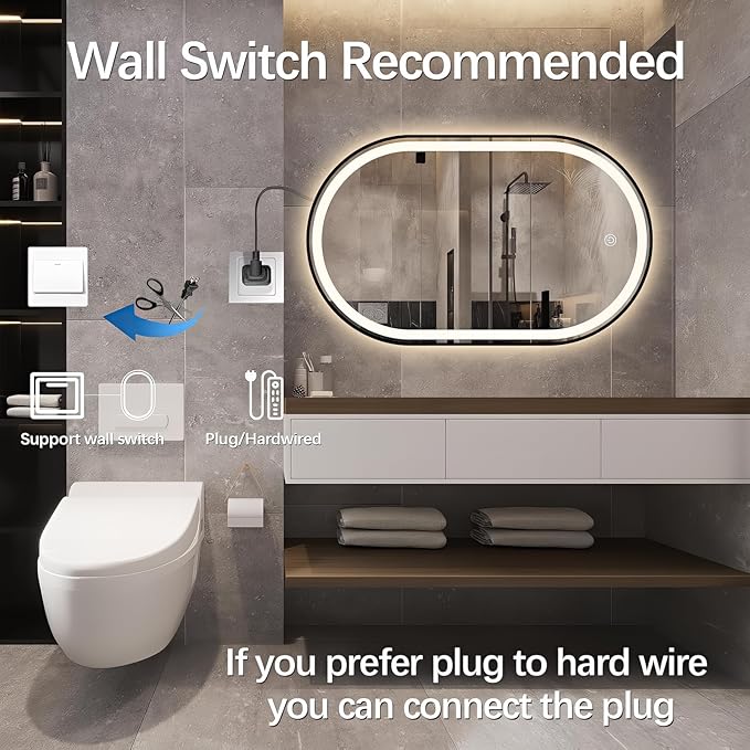 Oval LED Bathroom Mirror, 40"x24" Lighted Wall Mounted Vanity Mirror with Metal Frame, Anti-Fog IP66 Waterproof Smart Mirror, Memory Function, (Horizontal or Vertical), Black