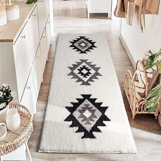 DEXDE Runner Bath Rug 24x60 Inches - Non-Slip Quick Dry Machine Washable Bath Mat, Boho Geometric Absorbent Long Carpet for Bathroom, Black and White
