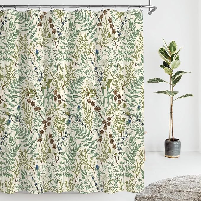 Beige Green Botanical Shower Curtain Boho Nature Ferns Wildflowers Apothecary Bathroom Curtains Herbs Plants Vintage Cottagecore Bathroom 72Wx72H Waterproof Polyester