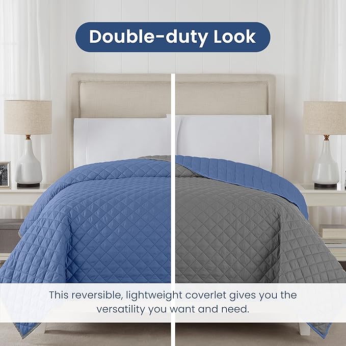 Martex Reversible Coverlet – Twin Bed Quilt – Lightweight Twin Size Bedding – Durable Quilts for Bed – Soft - Easy Care Bedding – Ceil Blue/Gray