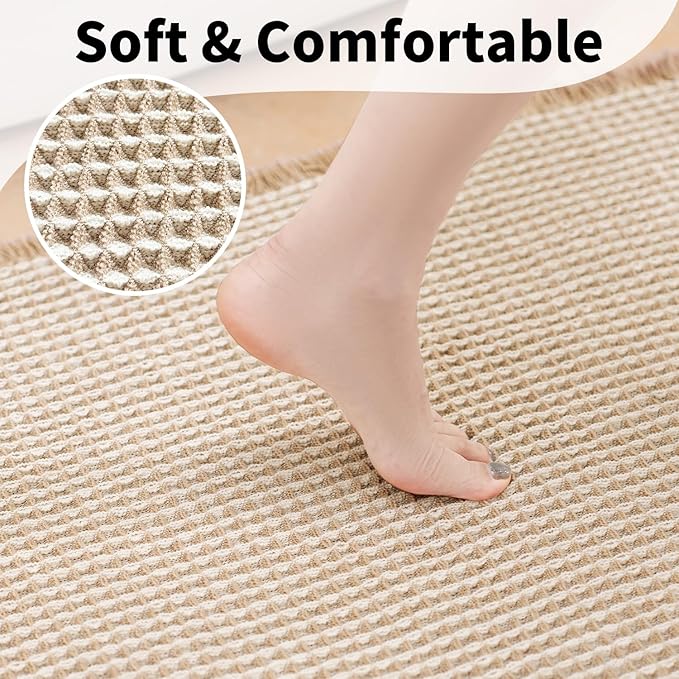 Waffle Runner Bath Mat - Long Boho Bathroom Rugs Non Slip Washable, Super Absorbent & Quick Dry, Soft Bath Mat Farmhouse Bathroom Decor, 24'' x 60'', Khaki and White