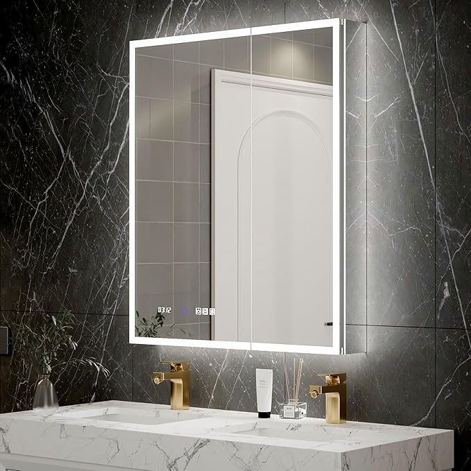 Lighted Medicine Cabinet with Mirror 30"x36" Recessed LED Medicine Cabinet Mirror, Front&Backlit, 3-Color Temperatures, Stepless Dimming, Anti-Fog, Magnifier, 2 Outlets, Storage Shelves, ETL Certified