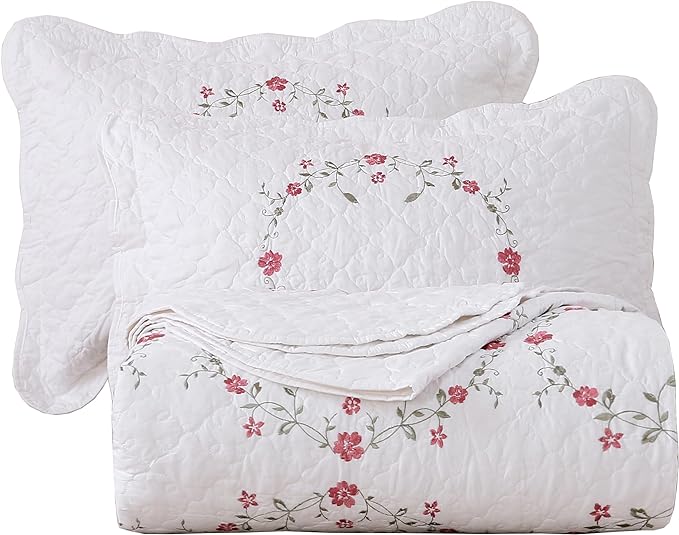vctops 3-Piece Elegant Floral Embroidered Bedspread Coverlet Set 100% Cotton Reversible Patchwork 1 Quilt and 2 Pillow Shams Full/Queen, White