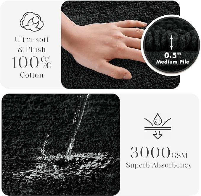Madison Park Splendor Reversible 100% Cotton Tufted Bathroom Rug-3000 GSM Hotel Quality Luxurious Plush Medium Pile Bath Mat Absorbent, Quick Dry, Shower Room Décor, 24x60 Black