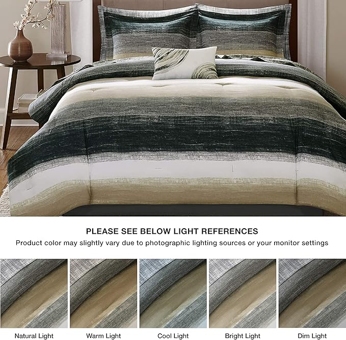 Madison Park Essentials Twin Comforter Set, Bed in a Bag Twin, Watercolor Print Coastal Comforter & Chambray Cotton Sheet Set, All Season Bedding Set, Saben, Taupe Twin (68 in x 86 in) 7 Piece