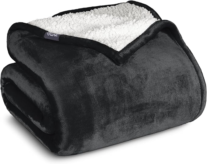 Bare Home Sherpa Fleece Blanket - King Size - Blanket for Bed, Sofa, and Couch - Warm & Lightweight - Fluffy & Soft - Reversible (King, Black)