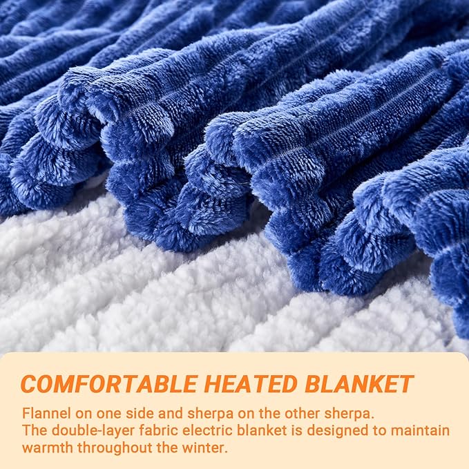 Heated Blanket Electric Queen, Soft Flannel Heating Blanket with 8 Hours Auto Off 10 Fast Heating Levels Machine Washable Sherpa Heated Blanket with Overheating Protection