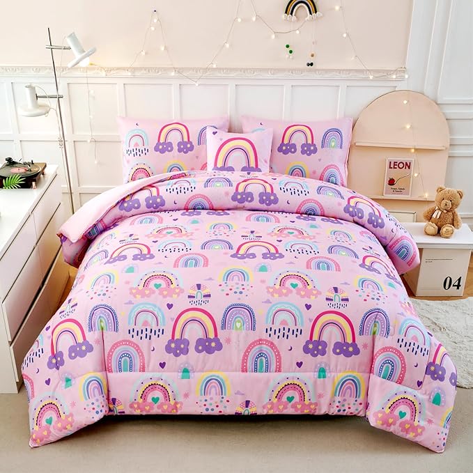 ANGIYUIN 6 Pieces Full Size Kids Comforter Set for Girls Colorful Rainbow Bed in A Bag with Sheets Cute Cartoon Clouds, Stars, Love Hearts Printed Bedding Set for All Season, Pink, Full