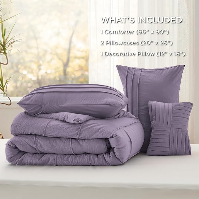 Bedsure Queen Comforter Set - 4 Pieces Pinch Pleat Bed Set, Purple Boho Bedding for All Season, 1 Soft Comforter, 2 Pillowcases, 1 Decorative Pillow