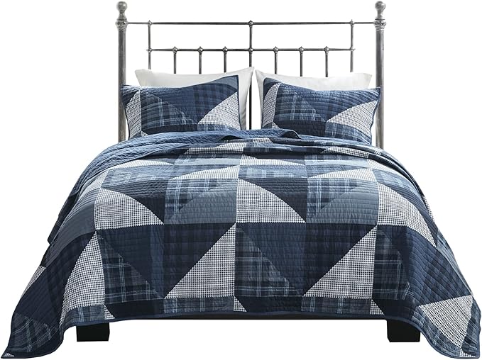Woolrich Reversible Quilt Set - Cottage Styling Reversed to Solid Color, All Season Lightweight Coverlet, Cozy Bedding Layer, Matching Shams, Oversized King/Cal King, Olsen Geometric Blue