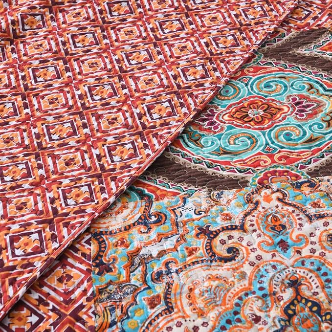 Autumn Dream Cotton Patchwork Bedspread Quilt Sets, Reversible Bedding Coverlet Sets, Red Gorgeous Vintage Pattern, King Size